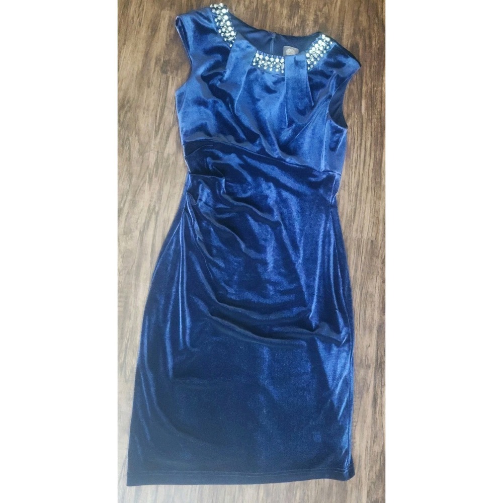 Vince Camuto Velvet Cowl Neck Dress Women's 6 Navy Blue Sleeveless Sheath Ruched